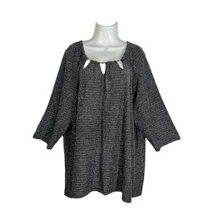 Catherines Plus Size 4X Metallic Silver Black Tunic Top Keyhole Neck 3/4 Sleeve